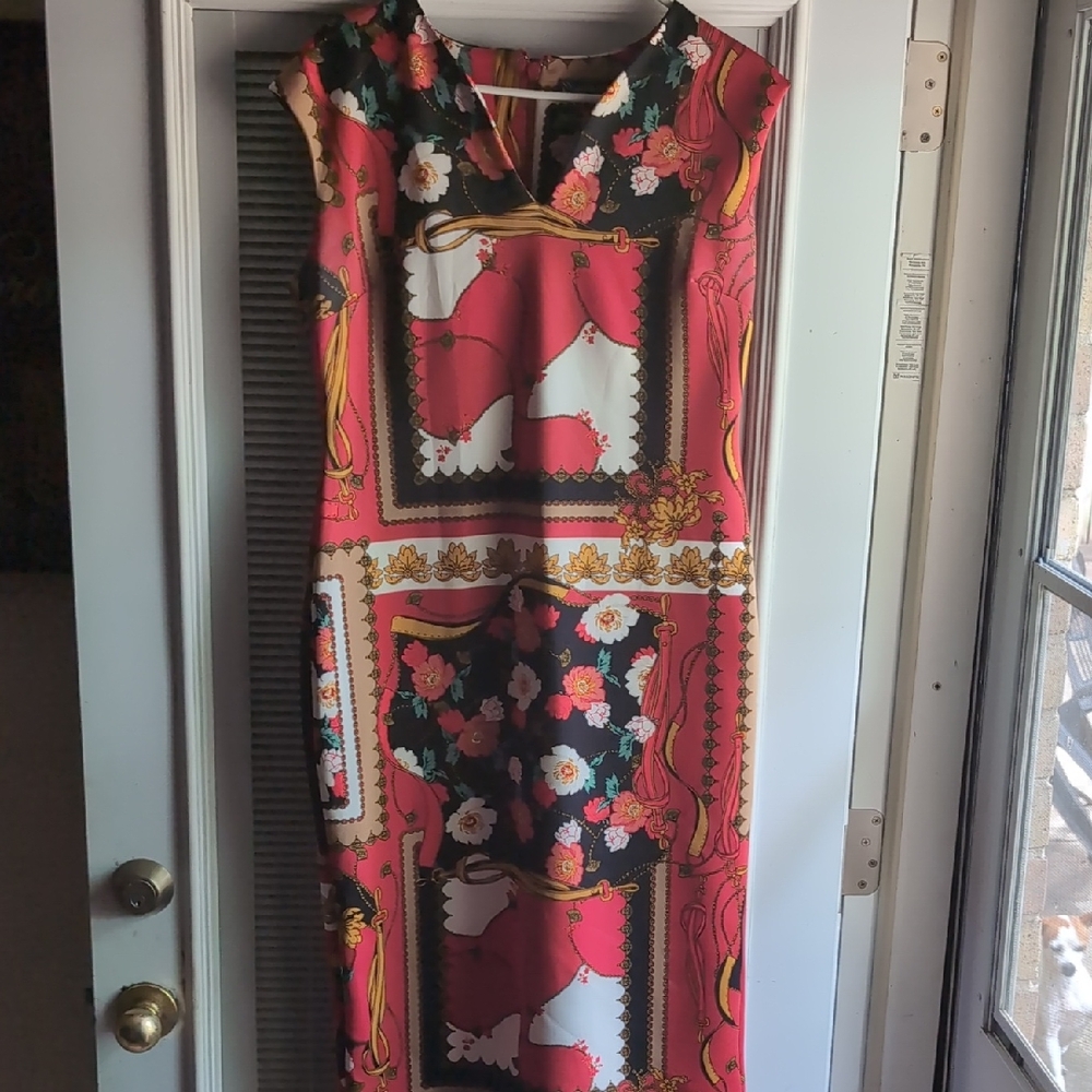 New York & Company Floral Patchwork Midi Dress - Red and Black
